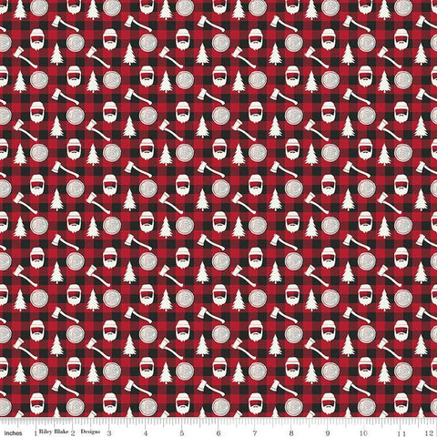 CLEARANCE Woodsman Lumberjack Plaid C13764 Red/Black by Riley Blake Designs - Cream Axes Trees Red Black Checks - Quilting Cotton Fabric