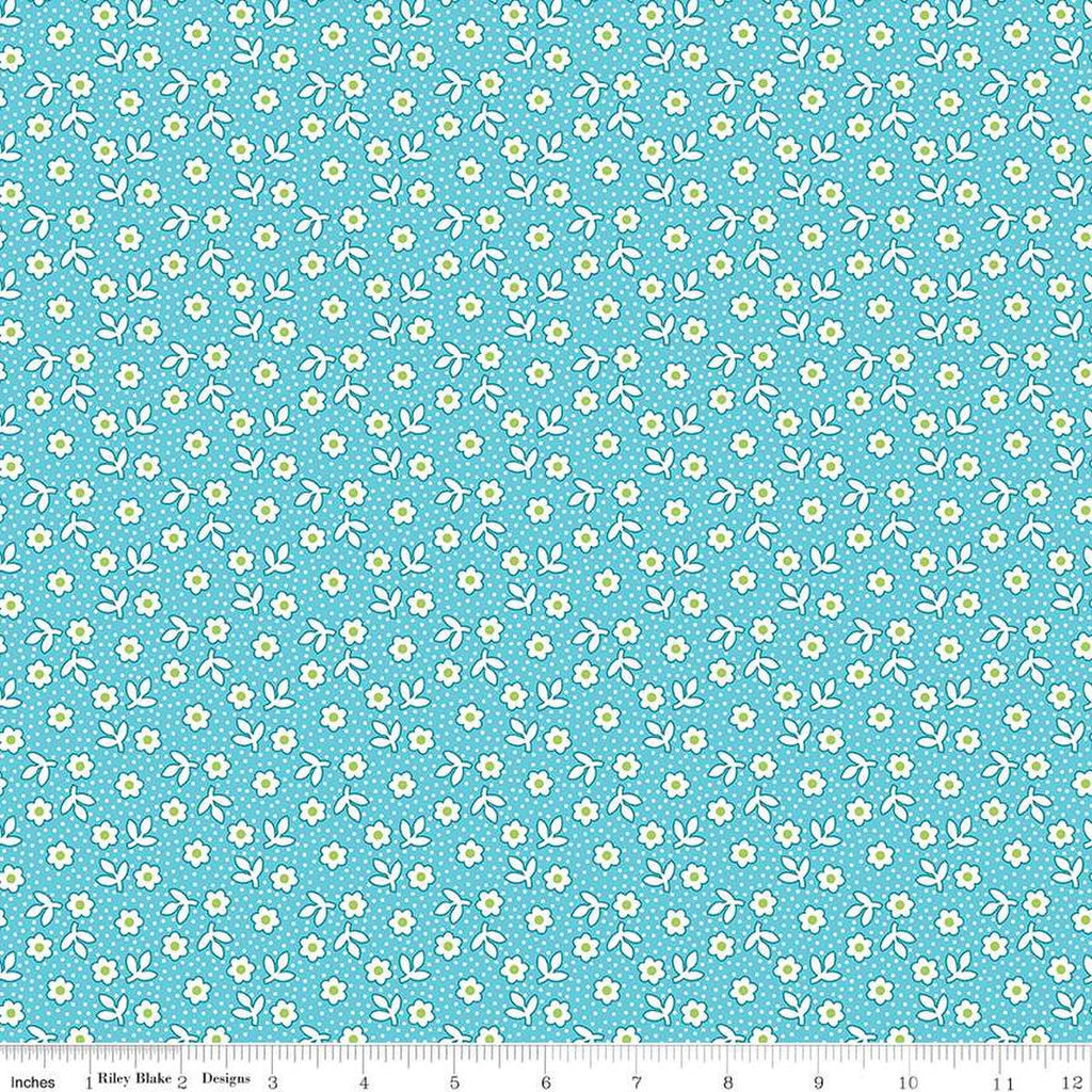 Storytime 30s Dots Daisies C13866 Aqua - Riley Blake Designs - Floral Flowers - Quilting Cotton Fabric