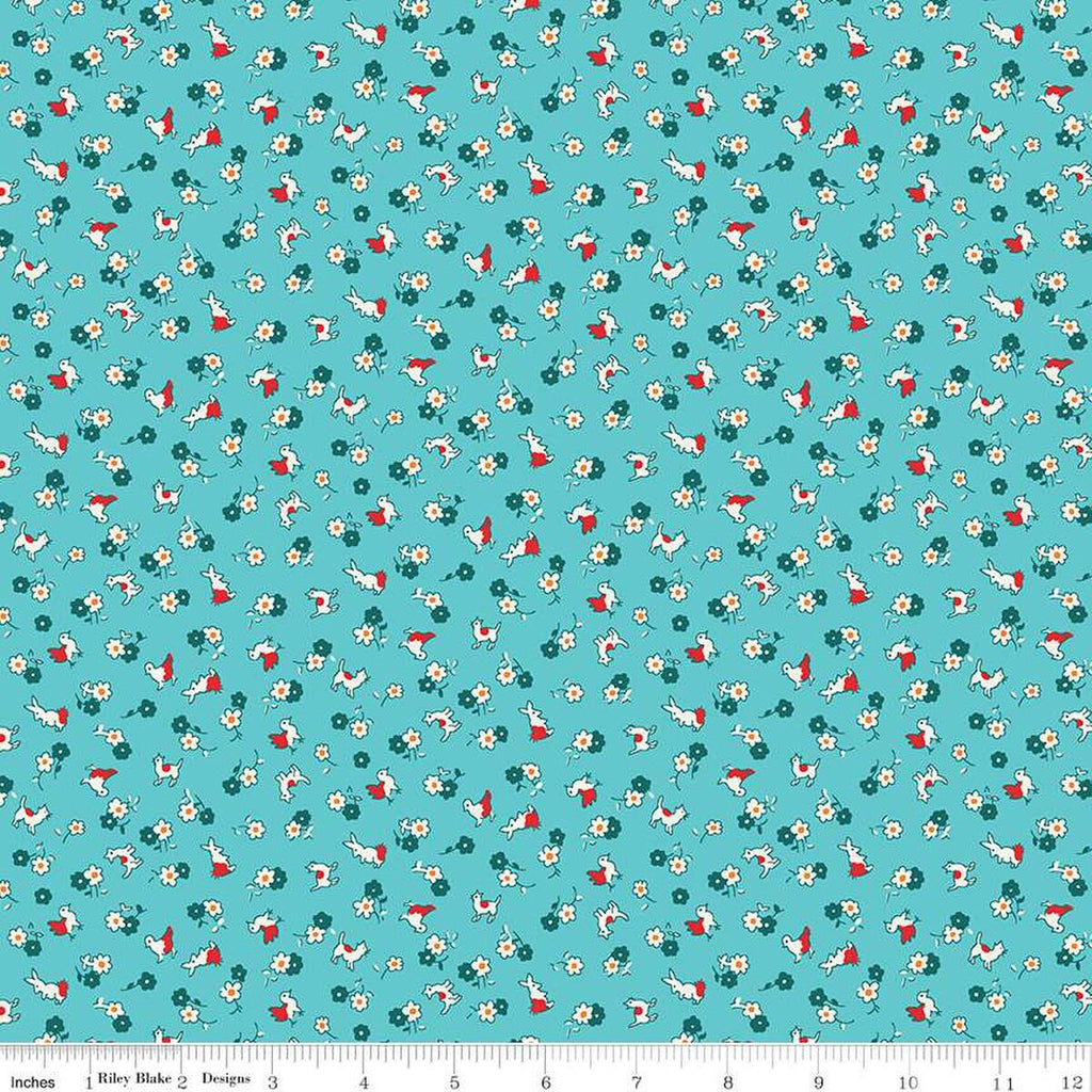 SALE Storytime 30s Animals C13868 Teal by Riley Blake Designs - Animals Blossoms - Quilting Cotton Fabric
