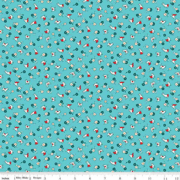 Fat Quarter End of Bolt - SALE Storytime 30s Animals C13868 Teal by Riley Blake Designs - Animals Blossoms - Quilting Cotton Fabric