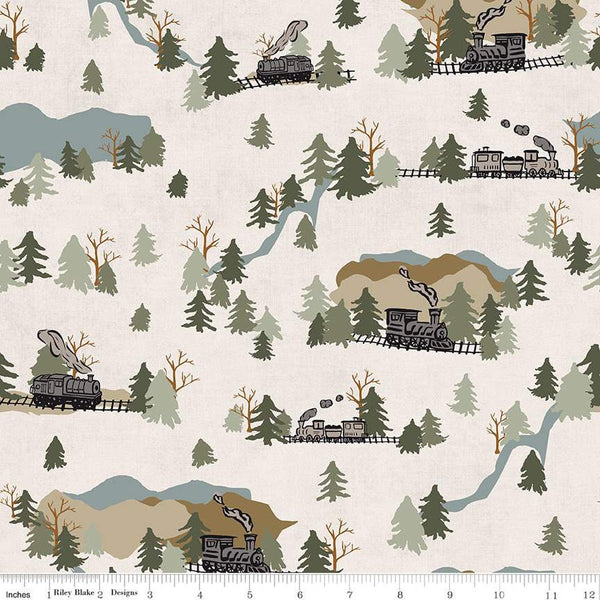 SALE 'Round the Mountain Main C13810 Cream by Riley Blake Designs - Trains Mountains Trees - Quilting Cotton Fabric