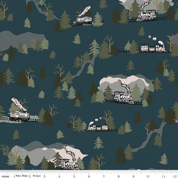Round the Mountain Main C13810 Midnight - Riley Blake Designs - Trains Mountains Trees - Quilting Cotton Fabric