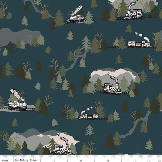 Round the Mountain Main C13810 Midnight - Riley Blake Designs - Trains Mountains Trees - Quilting Cotton Fabric