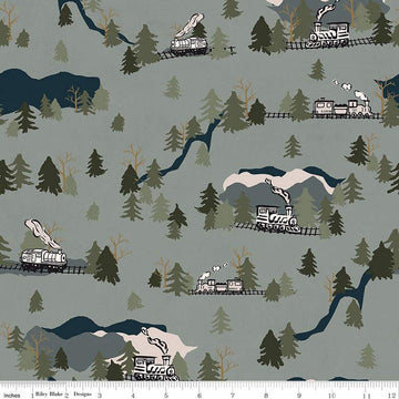 DEAL Round the Mountain Main C13810 Pine - Riley Blake Designs - Trains Trees Mountains - Quilting Cotton Fabric