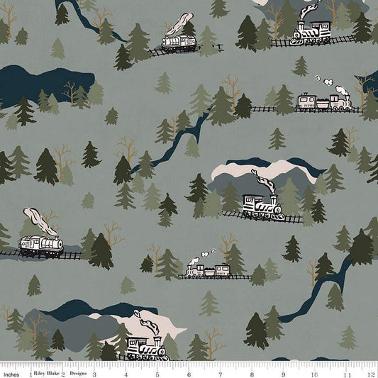 DEAL Round the Mountain Main C13810 Pine - Riley Blake Designs - Trains Trees Mountains - Quilting Cotton Fabric