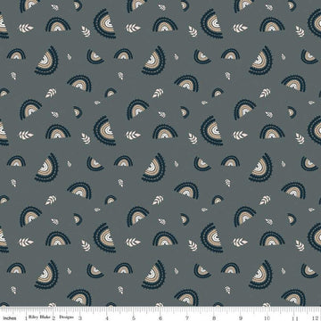 SALE Round the Mountain Railroad C13811 Stone - Riley Blake Designs - Trains Rainbows Tracks Leaves - Quilting Cotton Fabric