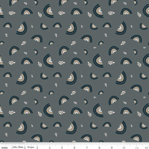 SALE Round the Mountain Railroad C13811 Stone by Riley Blake Designs - Trains Rainbows Tracks Leaves - Quilting Cotton Fabric