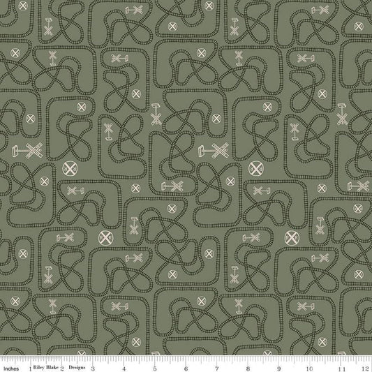 DEAL Round the Mountain Table Tracks C13812 Pine - Riley Blake Designs - Trains Railroad Signs Tracks - Quilting Cotton Fabric