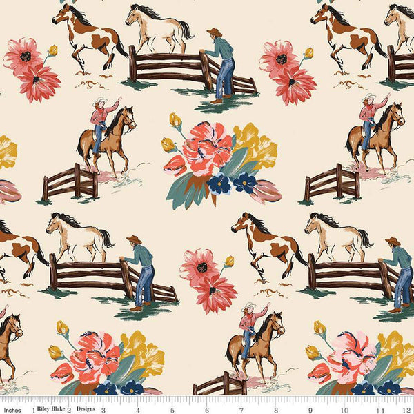 21" End of Bolt - Wild Rose Main C14040 Cream by Riley Blake Designs - Flowers Horses Cowboys Cowgirls Western - Quilting Cotton Fabric