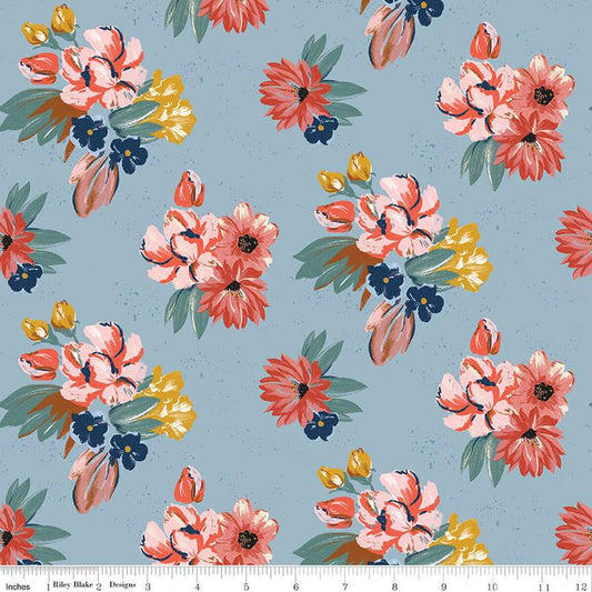 SALE Wild Rose Floral C14041 Blue - Riley Blake Designs - Flowers Western - Quilting Cotton Fabric