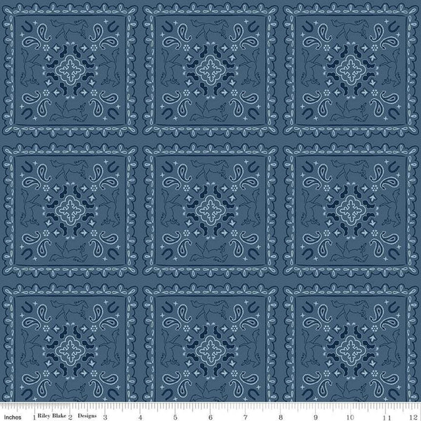 Wild Rose Bandanas C14046 Denim by Riley Blake Designs - Flowers Paisleys Horseshoes Horses Western - Quilting Cotton Fabric