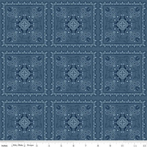 Wild Rose Bandanas C14046 Denim by Riley Blake Designs - Flowers Paisleys Horseshoes Horses Western - Quilting Cotton Fabric