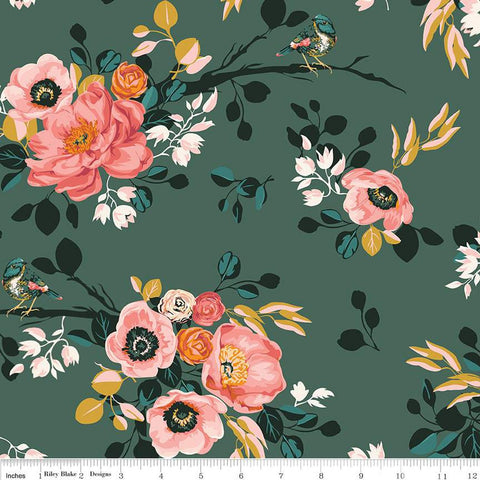 Fat Quarter End of Bolt - Porch Swing Main C14050 Hunter by Riley Blake Designs - Floral Flowers Leaves - Quilting Cotton Fabric