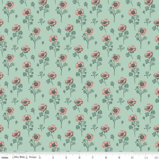 SALE Porch Swing Botanical Anemones C14052 Mint - Riley Blake Designs - Floral Flowers - Quilting Cotton Fabric