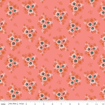 SALE 22" End of Bolt - Porch Swing Vignettes C14054 Coral - Riley Blake Designs - Floral Flowers - Quilting Cotton Fabric