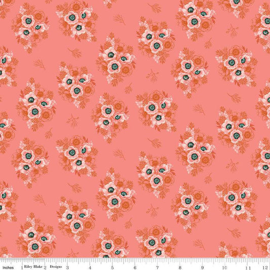 SALE 22" End of Bolt - Porch Swing Vignettes C14054 Coral - Riley Blake Designs - Floral Flowers - Quilting Cotton Fabric