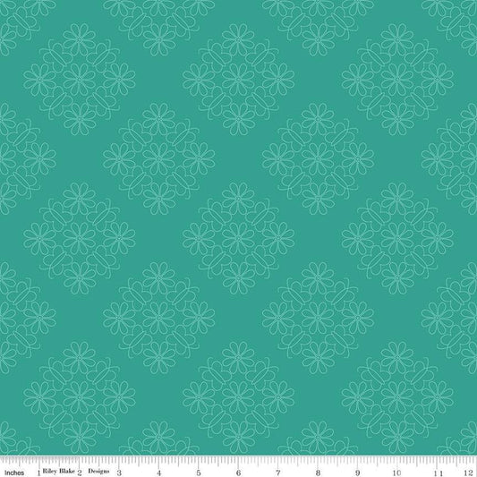 CLEARANCE Flower Farm Outlined Floral C13983 Teal - Riley Blake Designs - Flowers - Quilting Cotton Fabric
