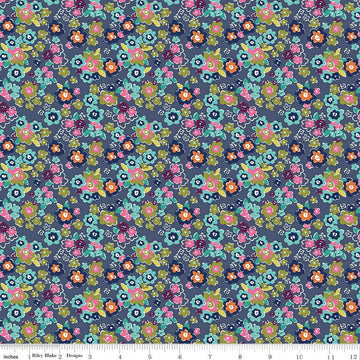 SALE Flower Farm Potted Flowers C13984 Navy - Riley Blake Designs - Floral Blossoms - Quilting Cotton Fabric