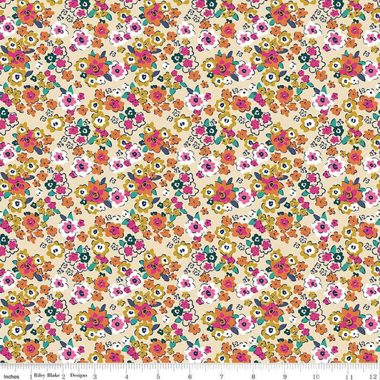 SALE Flower Farm Potted Flowers C13984 Vanilla - Riley Blake Designs - Floral Blossoms - Quilting Cotton Fabric