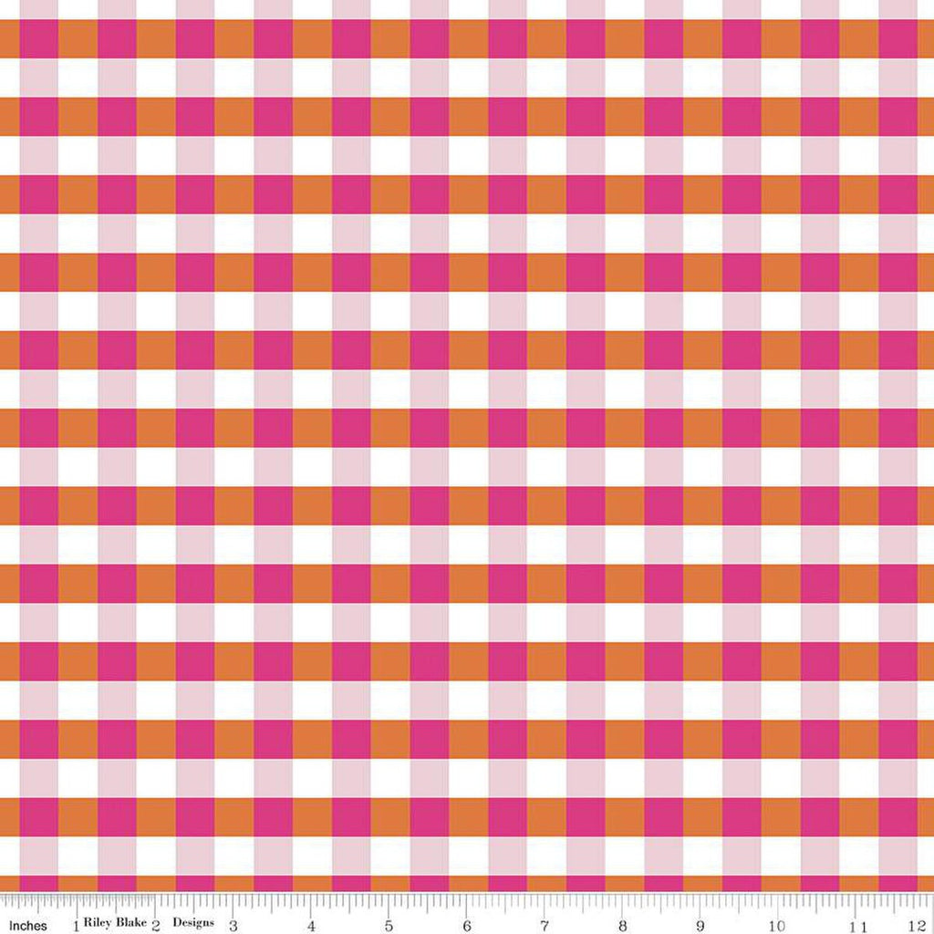 SALE Flower Farm PRINTED Gingham C13986 Pink by Riley Blake Designs - 1/2" Check Pink Orange White - Quilting Cotton Fabric