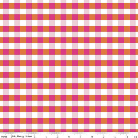 CLEARANCE Flower Farm PRINTED Gingham C13986 Pink by Riley Blake  - 1/2" Check Pink Orange White - Quilting Cotton