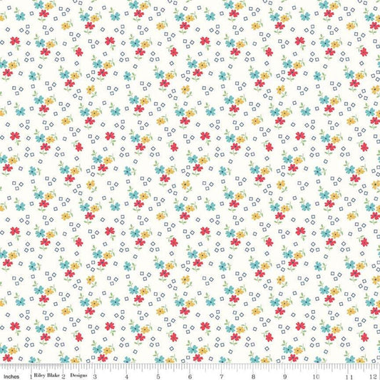 SALE Farm Girl Vintage Flower C7872 Cloud - Riley Blake Designs - Floral Flowers Squares - Lori Holt - Quilting Cotton Fabric