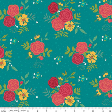SALE Market Street Main C14120 Teal - Riley Blake Designs - Floral Flowers - Quilting Cotton Fabric