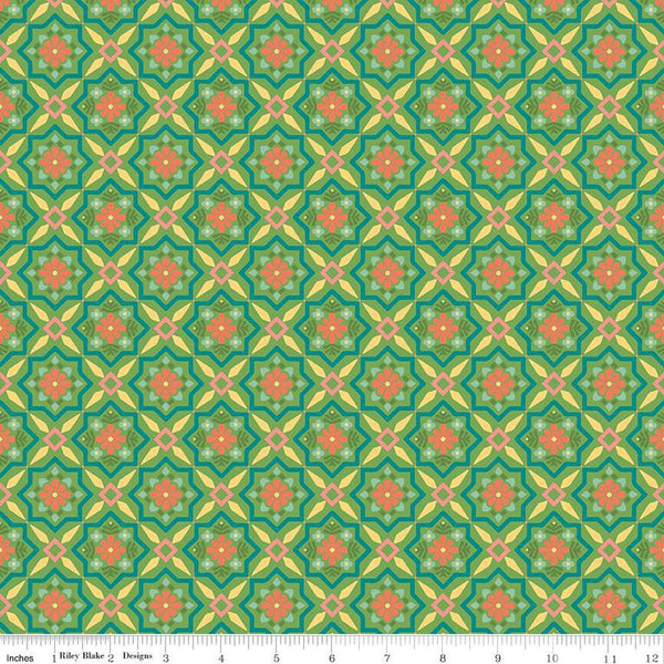 Market Street Tiles C14124 Green by Riley Blake Designs - Geometric Floral - Quilting Cotton Fabric