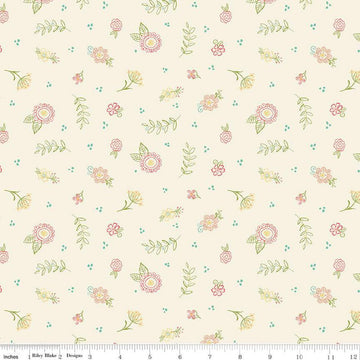 Market Street Embroidery C14126 Cream - Riley Blake Designs - Dots Floral Outlined Flowers Leaves - Quilting Cotton Fabric