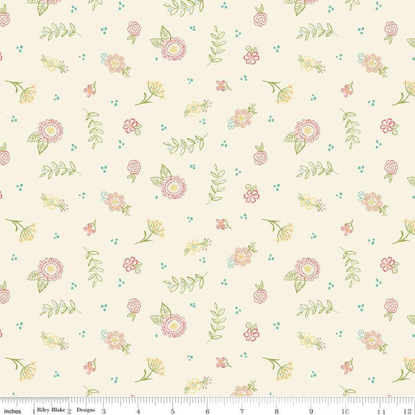 Market Street Embroidery C14126 Cream by Riley Blake Designs - Dots Floral Outlined Flowers Leaves - Quilting Cotton Fabric