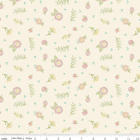 SALE Market Street Embroidery C14126 Cream by Riley Blake Designs - Dots Floral Outlined Flowers Leaves - Quilting Cotton Fabric