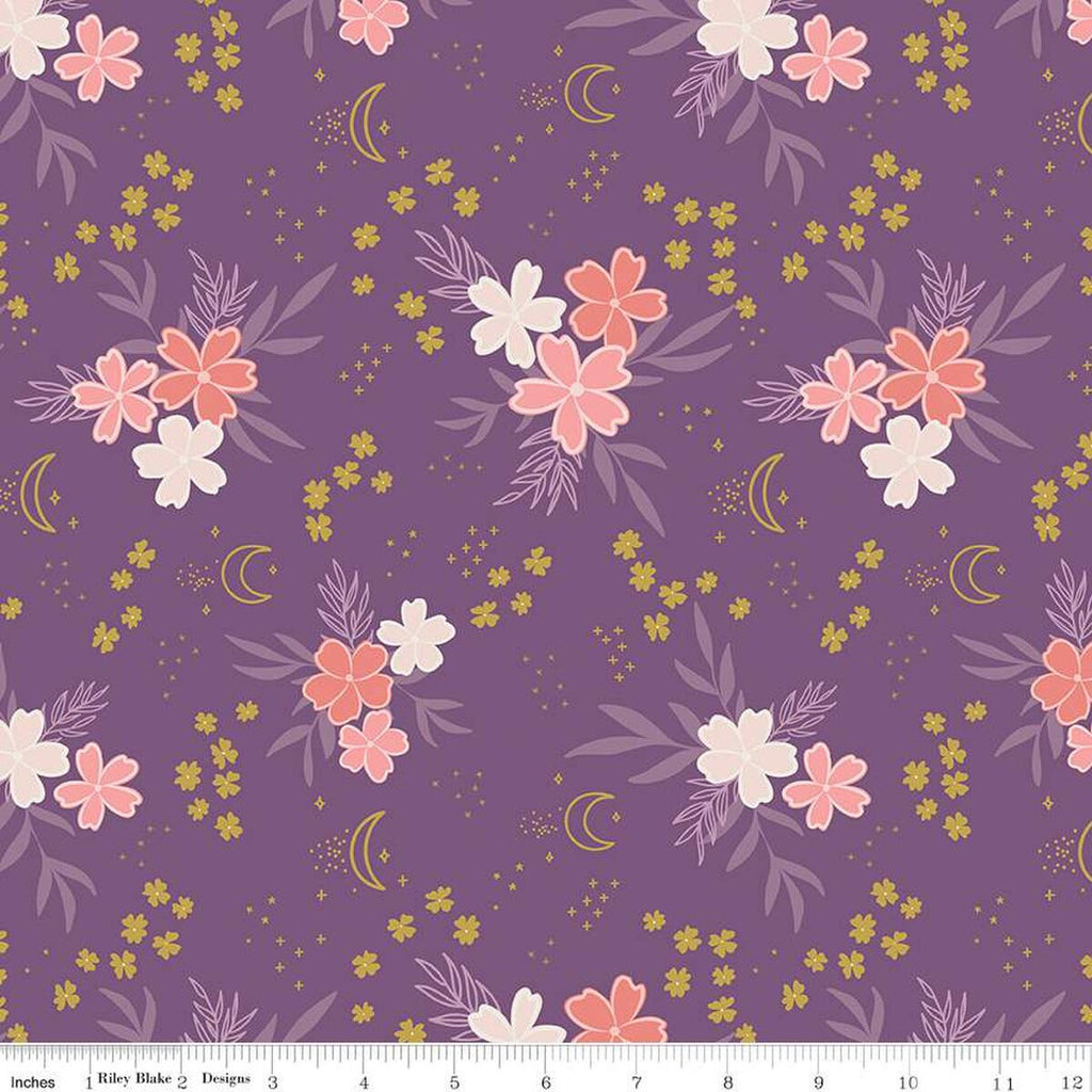 Moonchild Main SC13820 Grape SPARKLE - Riley Blake Designs - Flowers Moons Stars Gold SPARKLE - Quilting Cotton Fabric