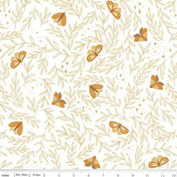 Fat Quarter End of Bolt - SALE Moonchild Moths SC13821 Off White SPARKLE - Riley Blake - Leaves Stars Dots Gold - Quilting Cotton Fabric