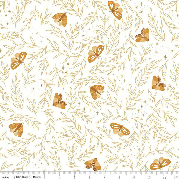 Moonchild Moths SC13821 Off White SPARKLE - Riley Blake Designs - Leaves Stars Dots Gold SPARKLE - Quilting Cotton Fabric