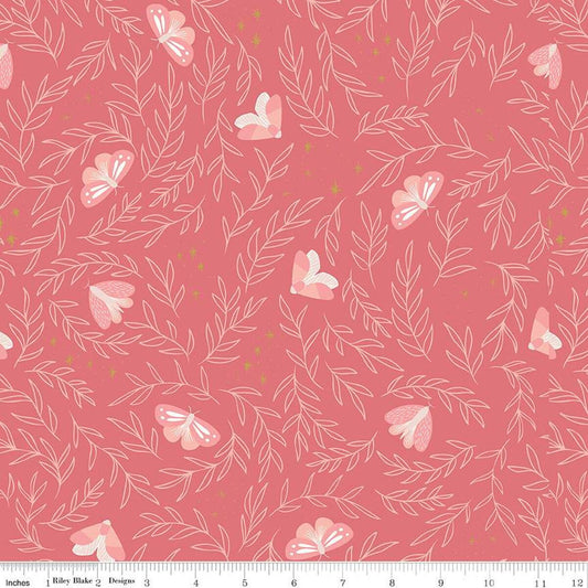 10" End of Bolt - Moonchild Moths SC13821 Raspberry SPARKLE - Riley Blake Designs - Leaves Stars Dots Gold SPARKLE - Quilting Cotton Fabric