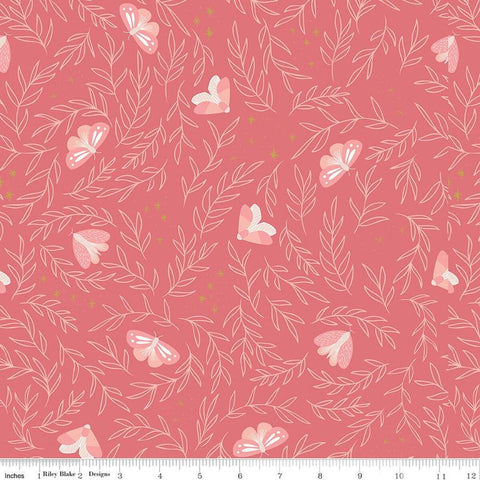 Moonchild Moths SC13821 Raspberry SPARKLE - Riley Blake Designs - Leaves Stars Dots Gold SPARKLE - Quilting Cotton Fabric