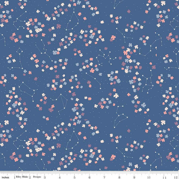 Moonchild Constellations C13823 Denim by Riley Blake Designs - Floral Flowers Stars Dots - Quilting Cotton Fabric