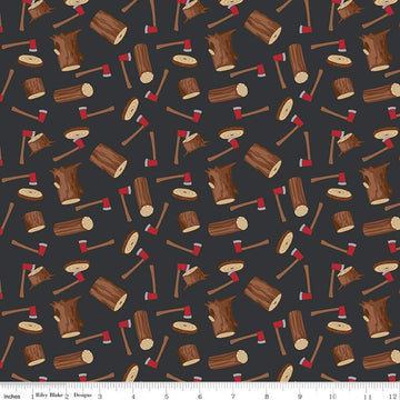 20" End of Bolt Piece - SALE Woodsman Wood Axe C13761 Black - Riley Blake Designs - Axes Logs - Quilting Cotton Fabric