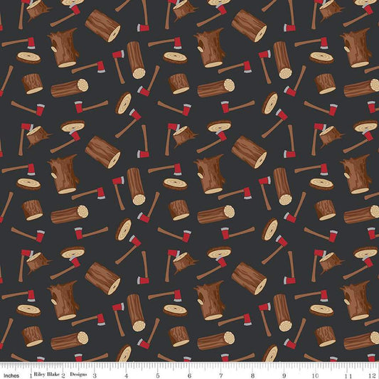 20" End of Bolt Piece - SALE Woodsman Wood Axe C13761 Black - Riley Blake Designs - Axes Logs - Quilting Cotton Fabric