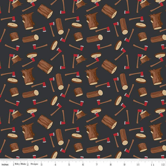 Fat Quarter End of Bolt Piece - SALE Woodsman Wood Axe C13761 Black - Riley Blake Designs - Axes Logs - Quilting Cotton Fabric