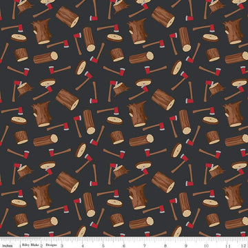 20" End of Bolt Piece - SALE Woodsman Wood Axe C13761 Black - Riley Blake Designs - Axes Logs - Quilting Cotton Fabric