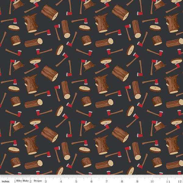 SALE Woodsman Wood Axe C13761 Black - Riley Blake Designs - Axes Logs - Quilting Cotton Fabric