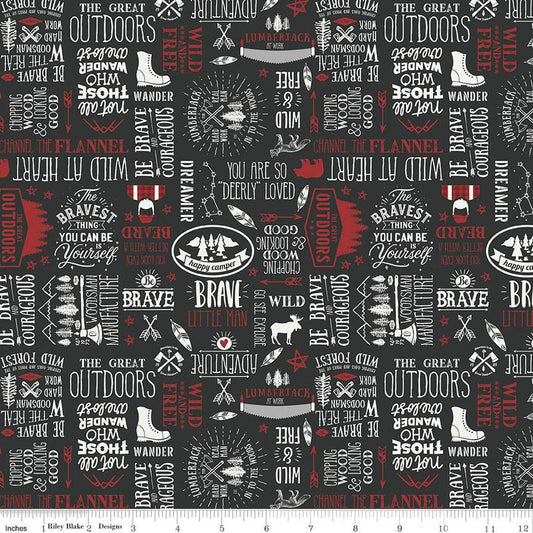 SALE Woodsman Text C13762 Black - Riley Blake Designs - Outdoor Words Phrases Icons - Quilting Cotton Fabric