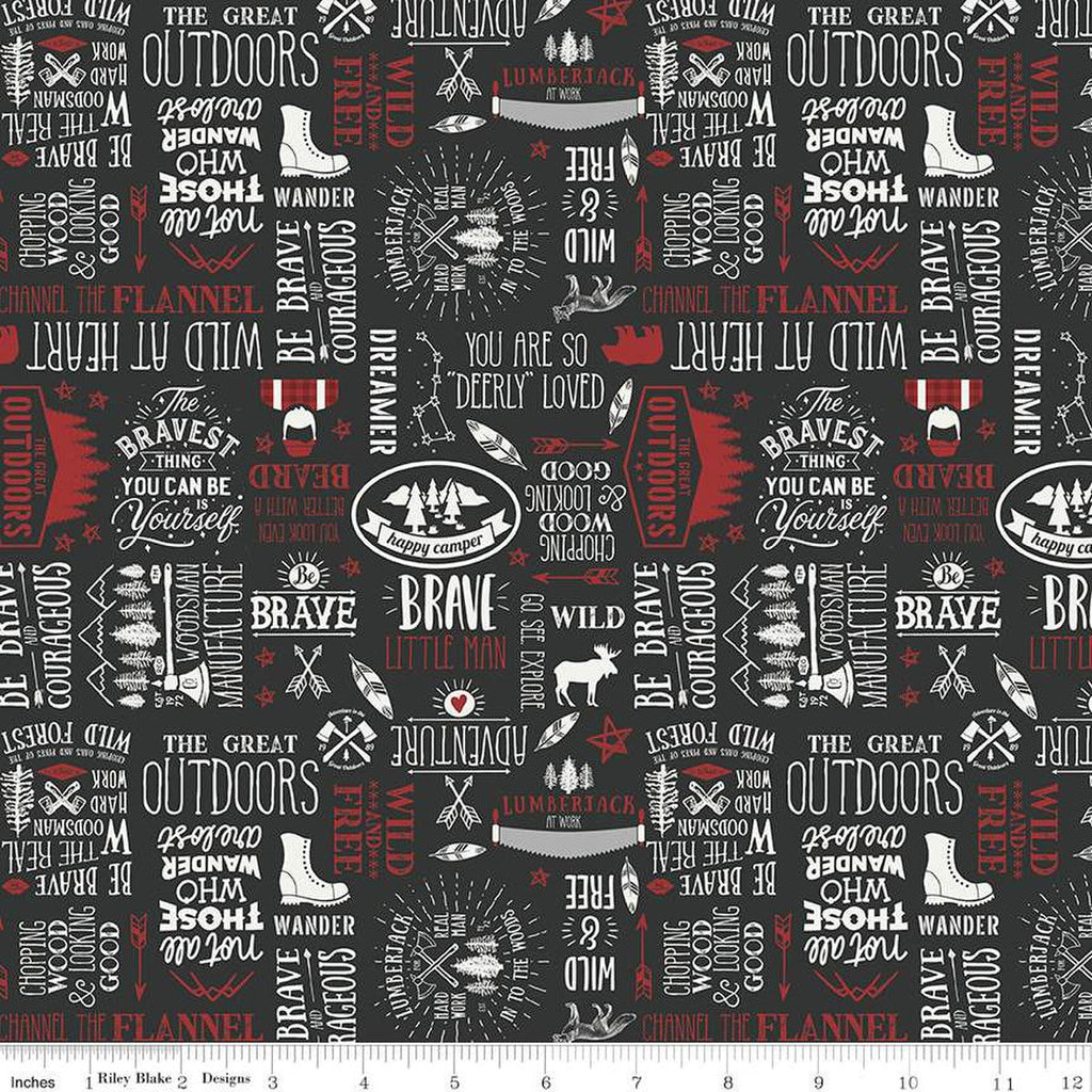 SALE Woodsman Text C13762 Black by Riley Blake Designs - Outdoor Words Phrases Icons - Quilting Cotton Fabric