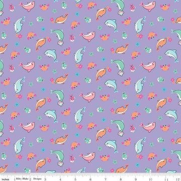 SALE Mer-Mazing Sea Creatures C14191 Lilac - Riley Blake Designs - Fish Dolphins Crabs Starfish - Quilting Cotton Fabric
