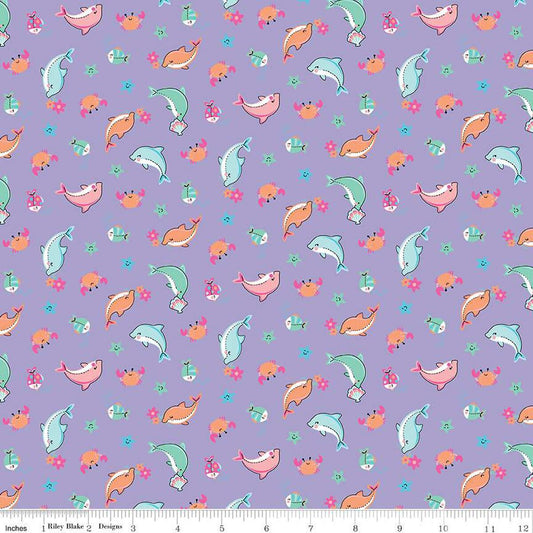 SALE Mer-Mazing Sea Creatures C14191 Lilac - Riley Blake Designs - Fish Dolphins Crabs Starfish - Quilting Cotton Fabric