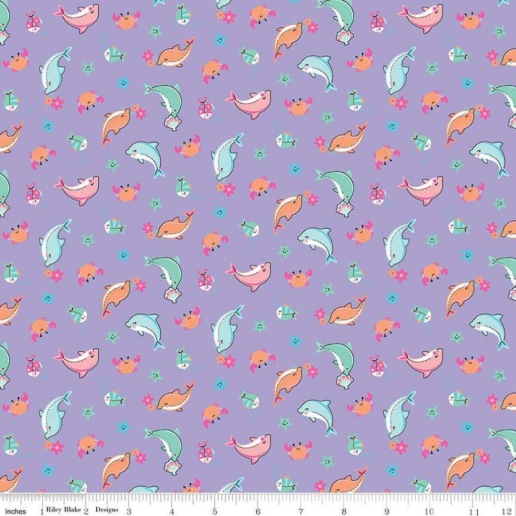 SALE Mer-Mazing Sea Creatures C14191 Lilac - Riley Blake Designs - Fish Dolphins Crabs Starfish - Quilting Cotton Fabric