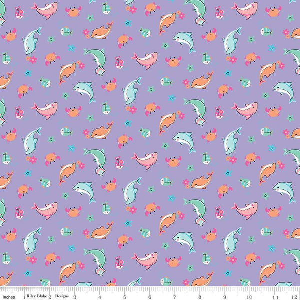 Mer-Mazing Sea Creatures C14191 Lilac - Riley Blake Designs - Fish Dolphins Crabs Starfish - Quilting Cotton Fabric