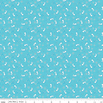 SALE Storytime 30s Bunnies C13869 Aqua - Riley Blake Designs - Rabbits Blossoms Dots - Quilting Cotton Fabric