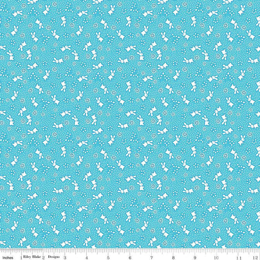 SALE Storytime 30s Bunnies C13869 Aqua - Riley Blake Designs - Rabbits Blossoms Dots - Quilting Cotton Fabric
